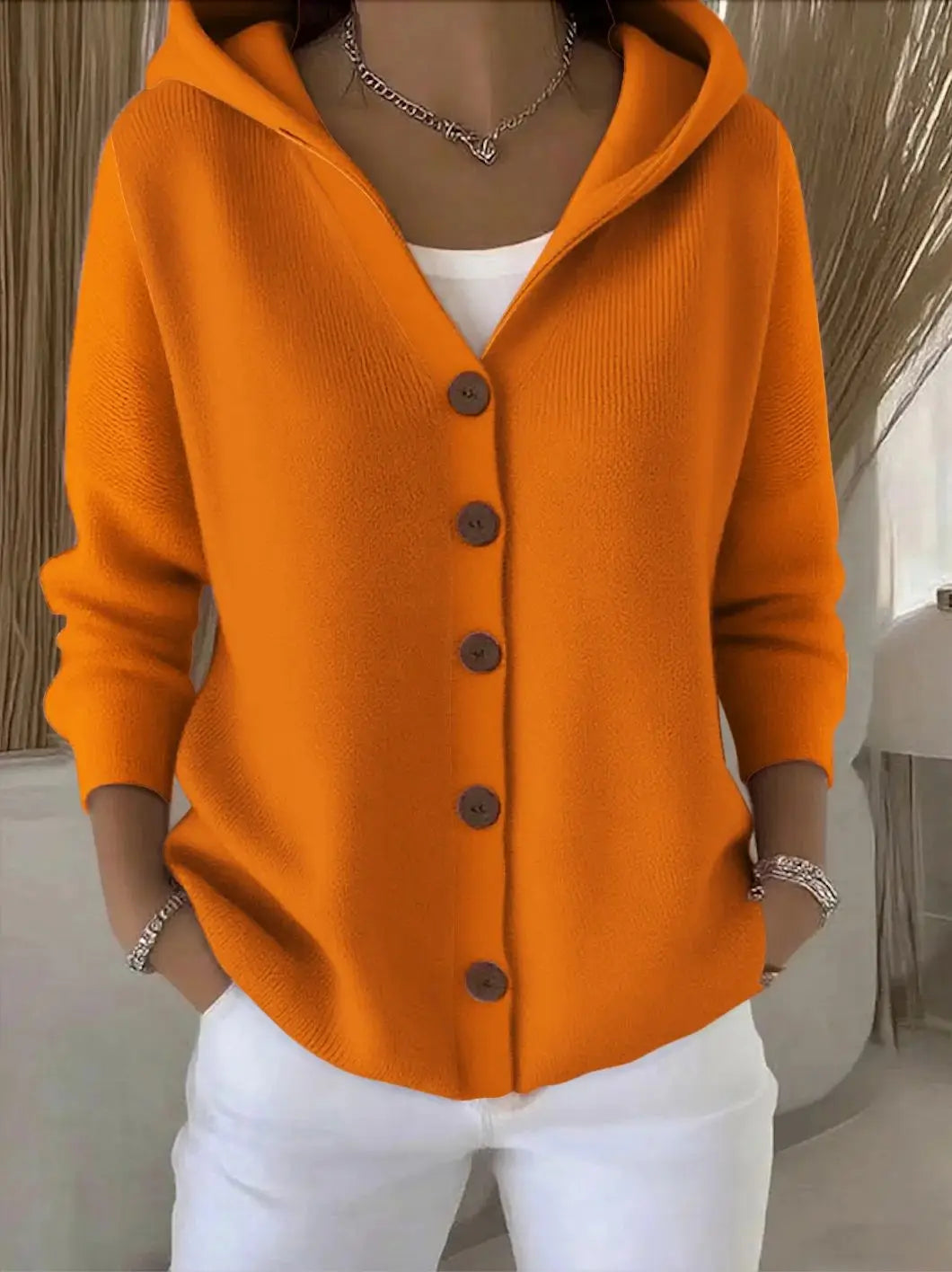 Women's Hooded Button Front Cardigan Casual Knit Layer
