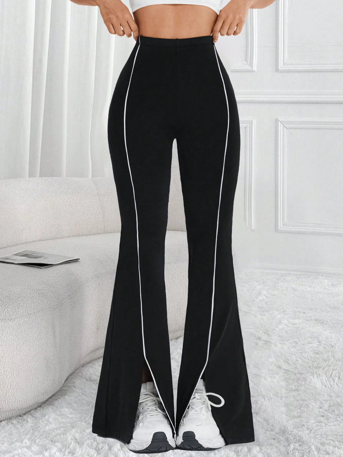 Women's High Waist Polyester Blend Flared Pants with White Contrast Piping