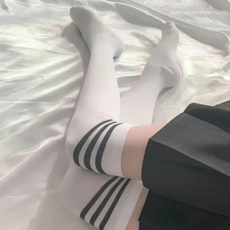 Striped Cuff Thigh High Socks with Solid Leg Shape