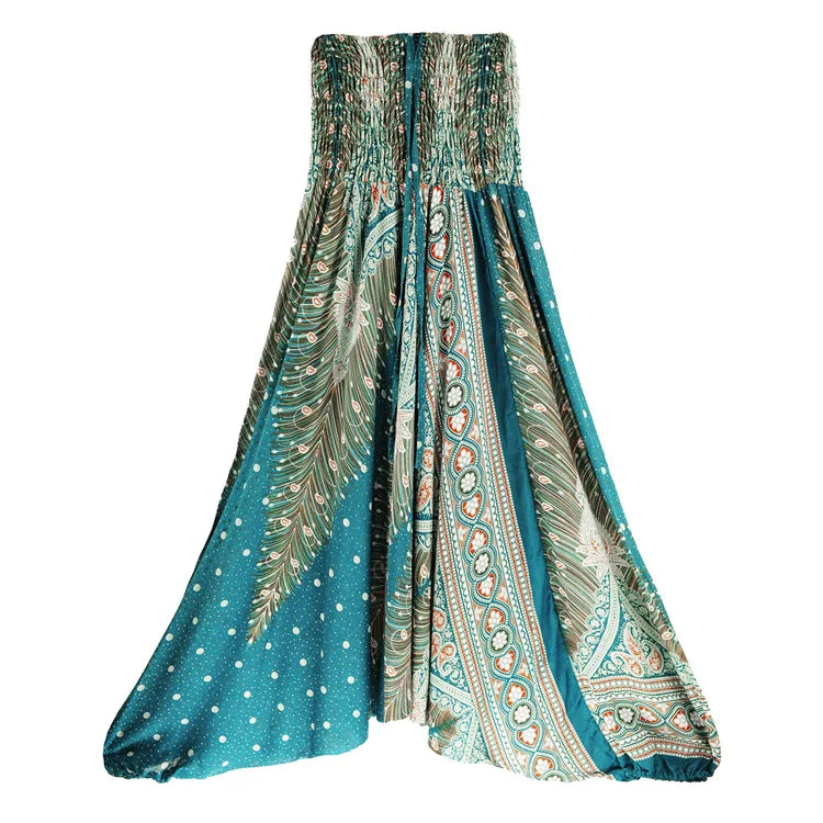 Women's Printed Nylon Harem Pants with Smocked Waist and Convertible Styling