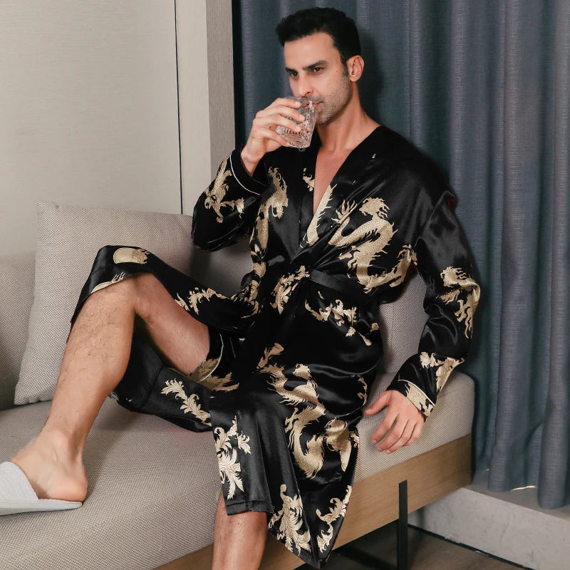 Men's Dragon Print Satin Long Sleeve Tie Waist Bathrobe