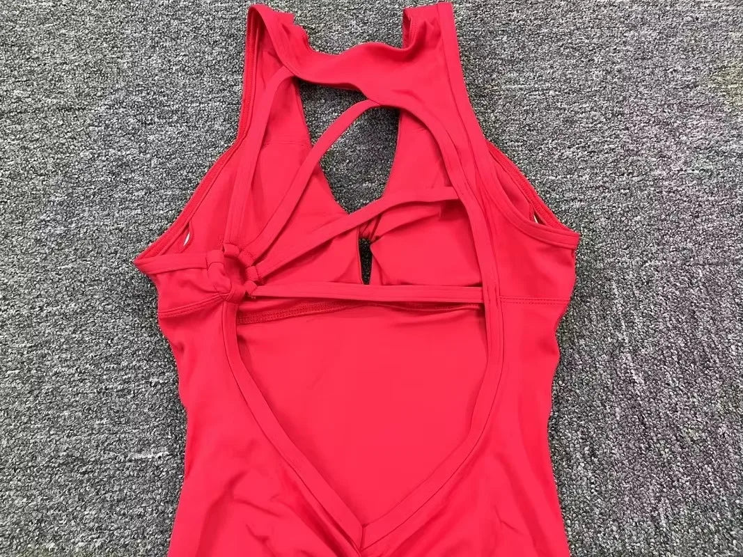 Women's Cross Back Workout Jumpsuit with Front Keyhole and Fitted Legs