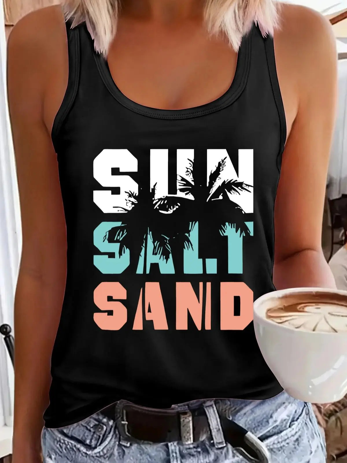 Women's Printed Polyester Tank Top with Round Neck and Relaxed Sleeveless Cut