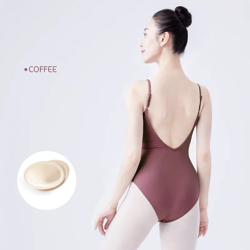 Women's Adjustable Strap Ballet Leotard with Ruched Front and Low Back