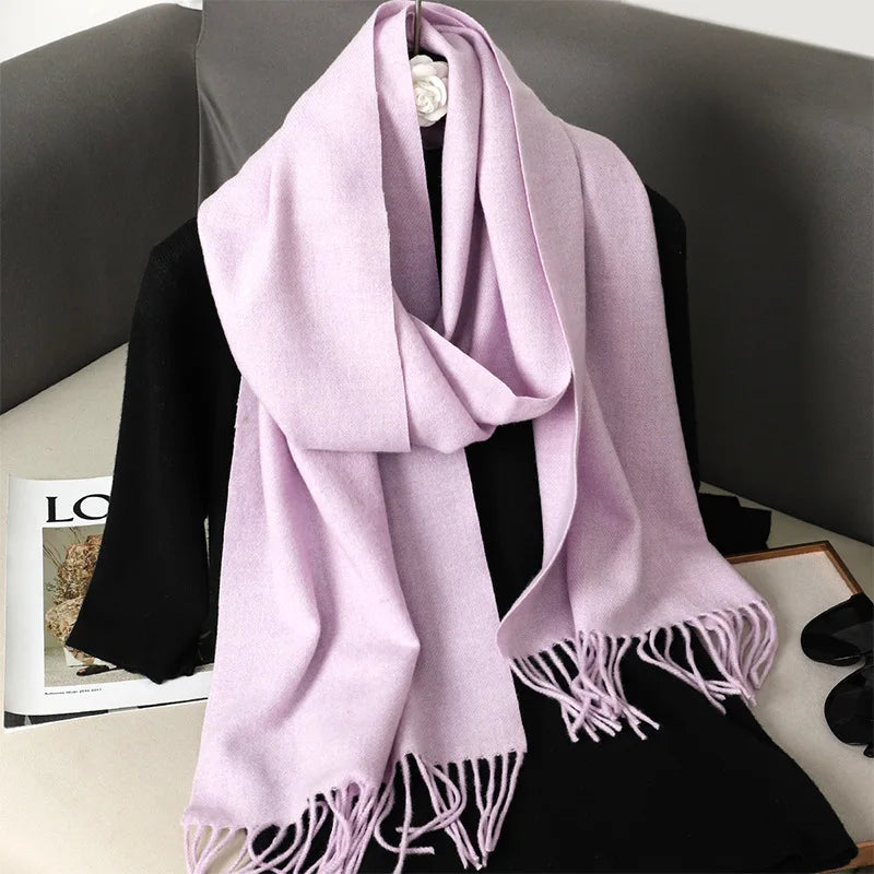 Solid Long Rectangular Scarf with Decorative Fringe Trim