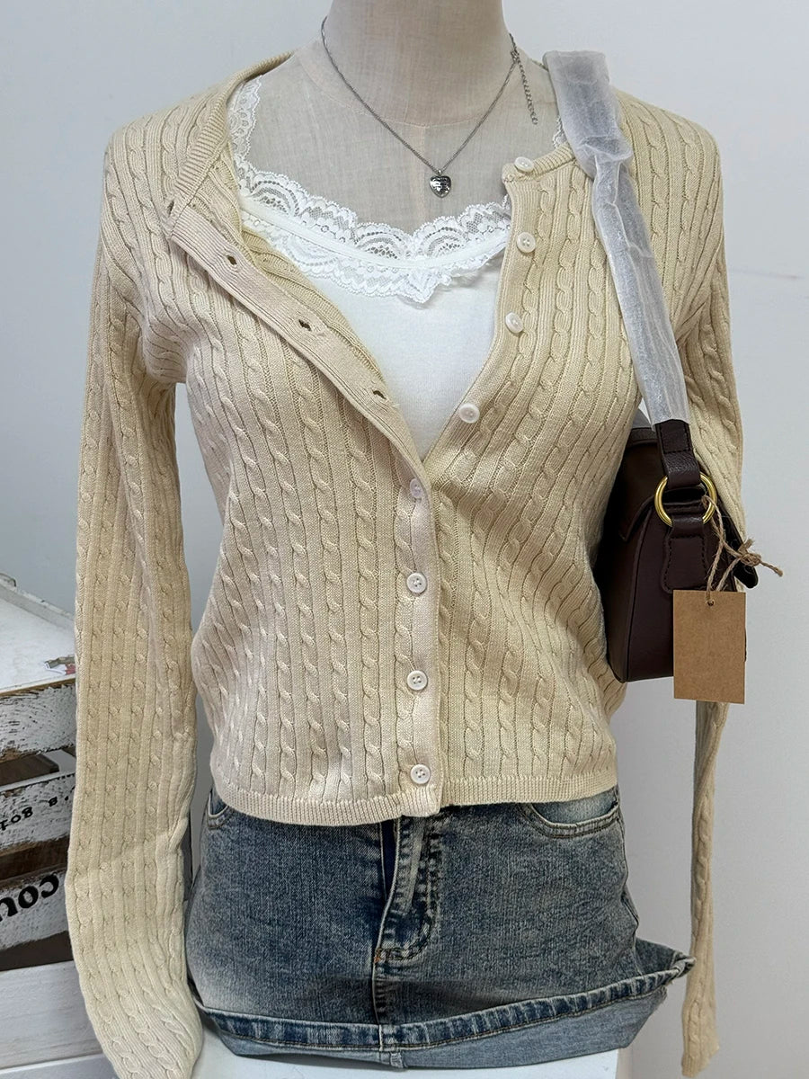 Women's Round Neck Button Front Cardigan Casual Knit Layer
