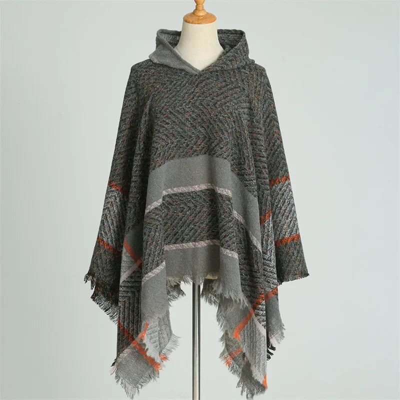 Hooded Stripe Fringe Poncho for Layering over Outfits