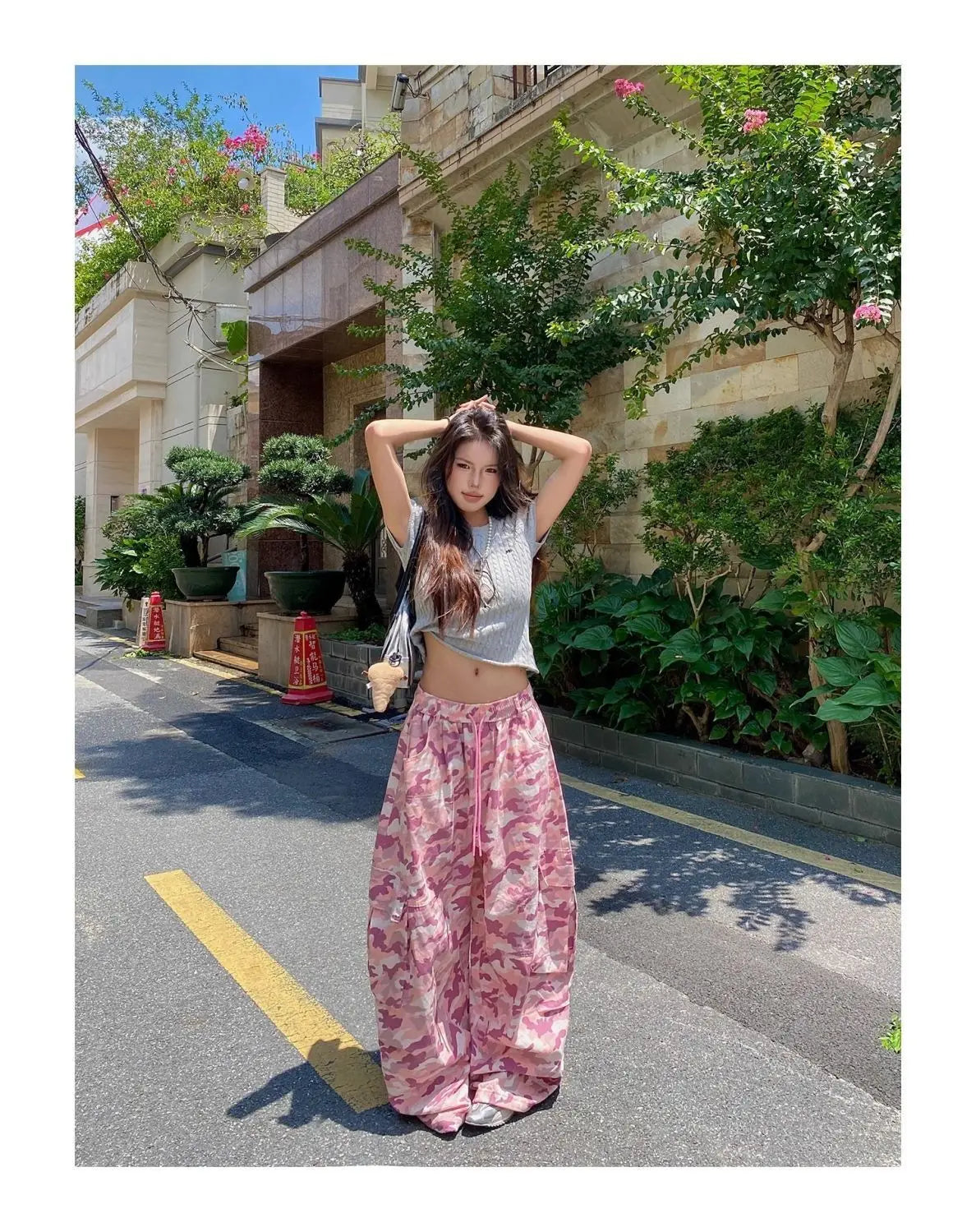 Women's Pink Camouflage Cargo Pants with Wide Legs and Drawstring Waist