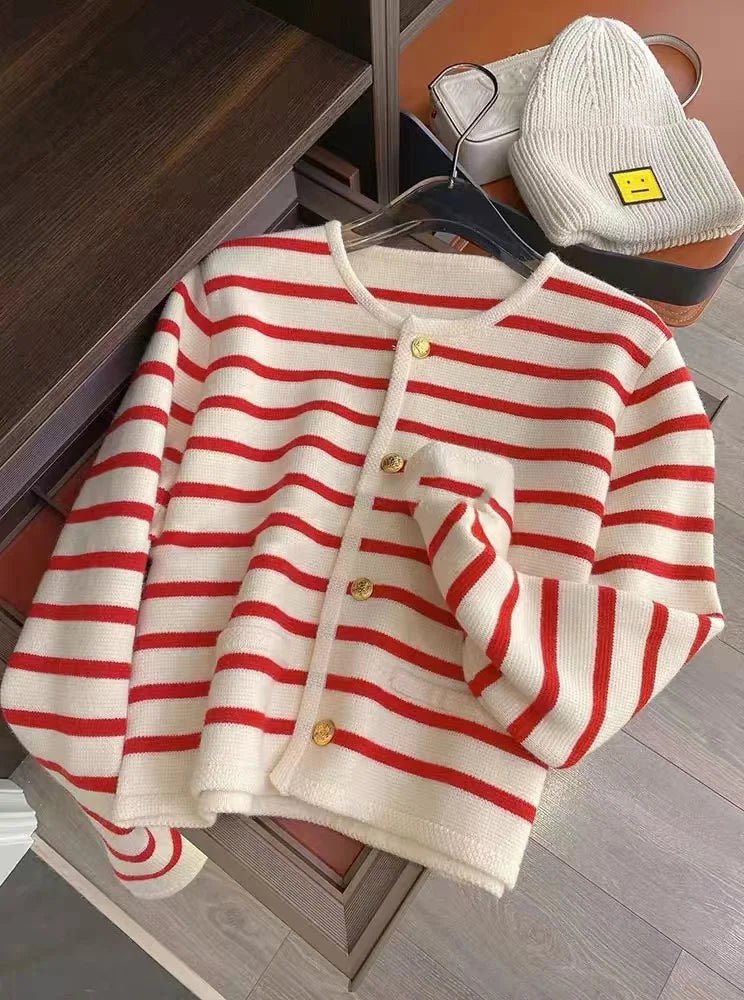 Women's Striped Crew Neck Button Front Cardigan Casual Knit Layer