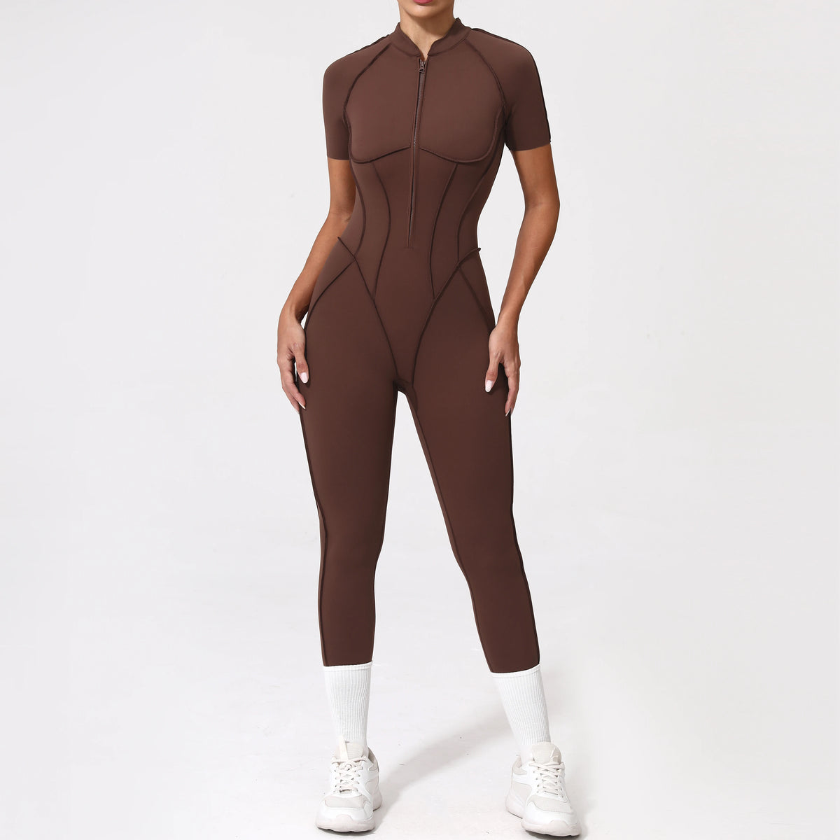 Women's Cap Sleeve Zip Front Back Cutout Workout Jumpsuit