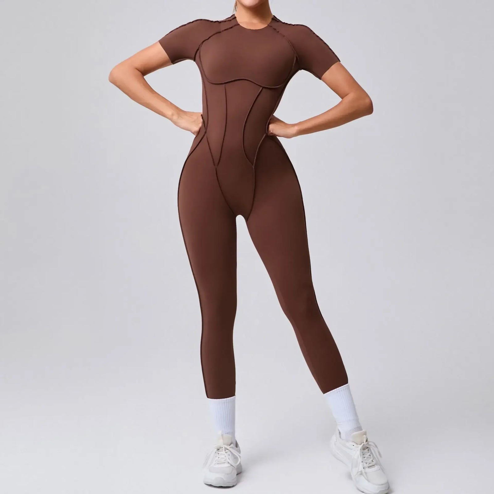 Women's Short Sleeve Nylon Blend Workout Jumpsuit with Open Back