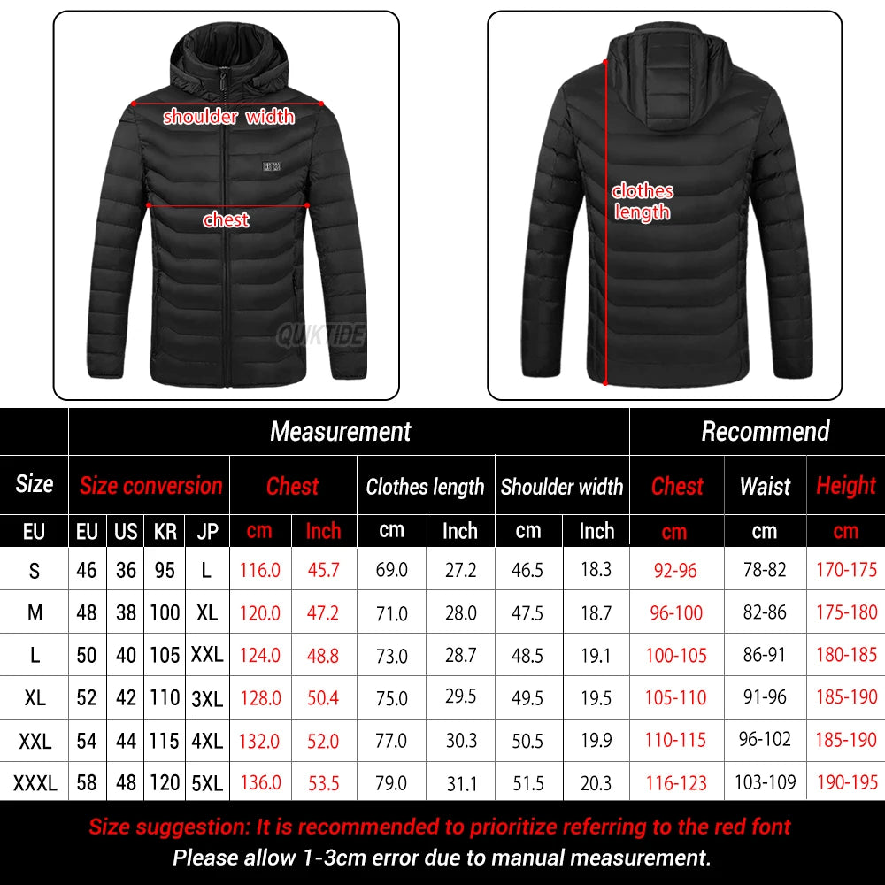 USB Heated Hooded Full Zip Long Sleeve Outdoor Jacket