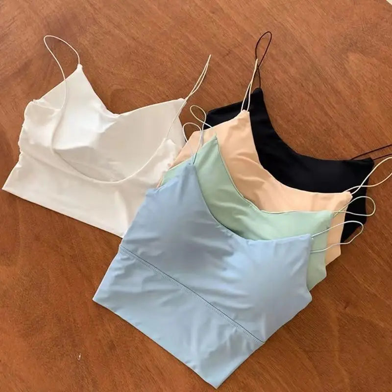 Women's Scoop Neck Crop Top with Thin Shoulder Straps and Built-In Padding