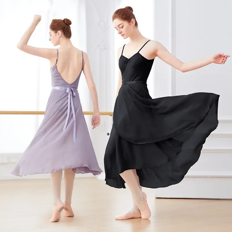 Women's Long Ballet Wrap Skirt with Flowing Hem and Tie Waist