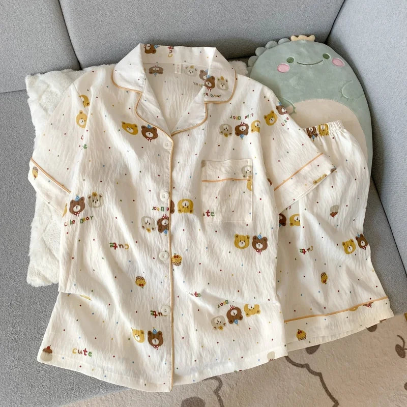 Women's Dog Motif Checked Button Front Pajama Set with Top and Shorts