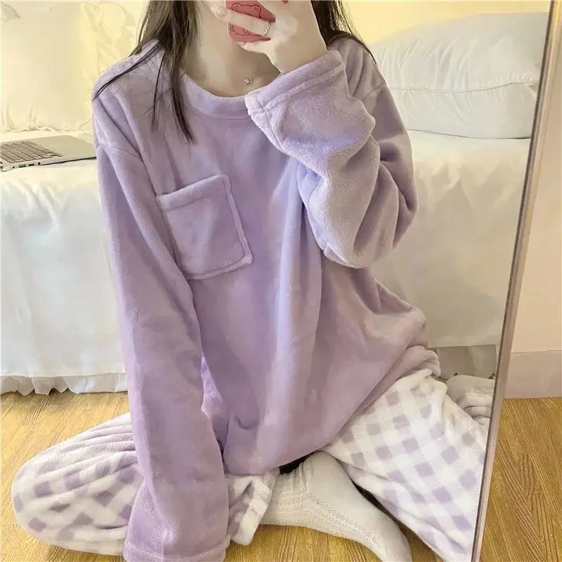 Women's Long Sleeve Plaid Bottom Pajama Set with Top and Pants