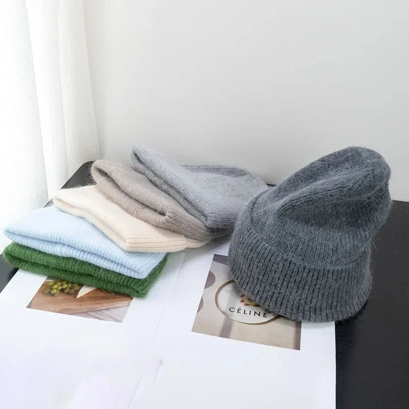 Solid Ribbed Knit Beanie with Folded Cuff Styling