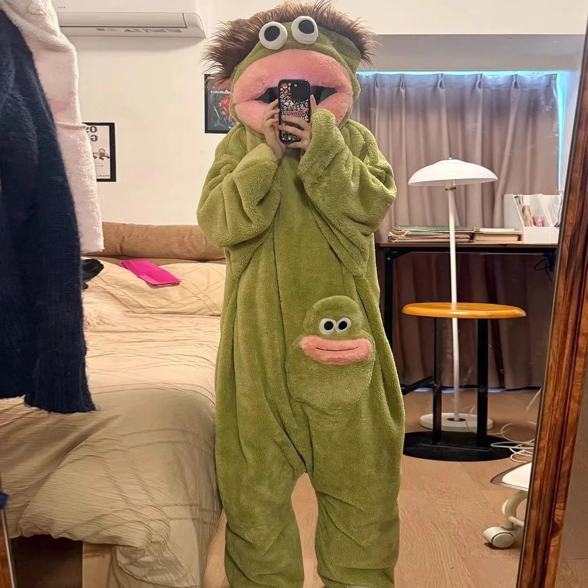 Cartoon Hooded Zip Front Long Sleeve Plush Pajama Jumpsuit