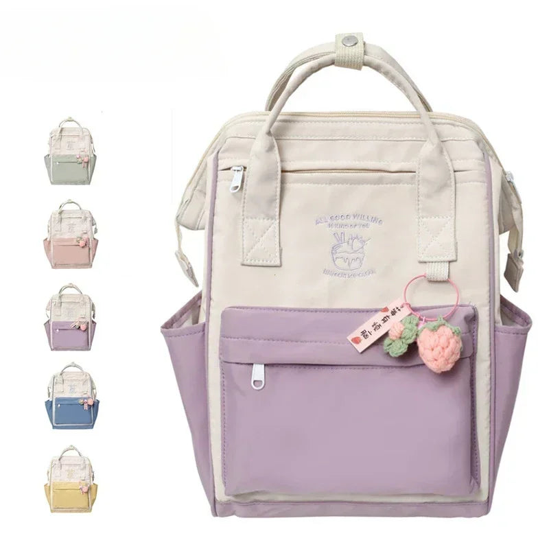 Colour Block Student Backpack with Twin Handles and Front Zipper Pocket