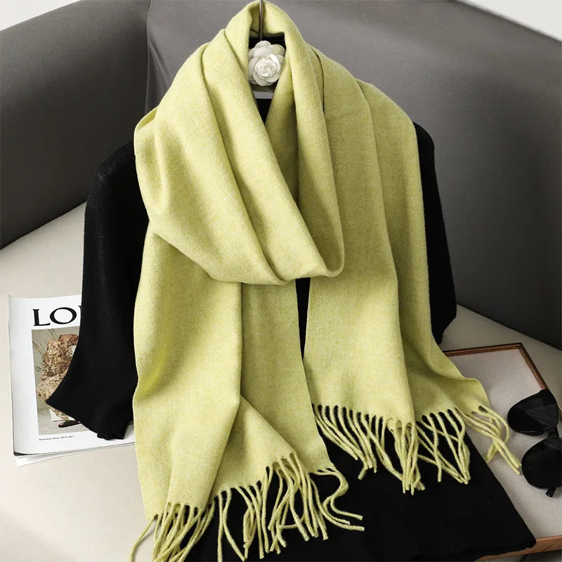 Solid Long Rectangular Scarf with Decorative Fringe Trim