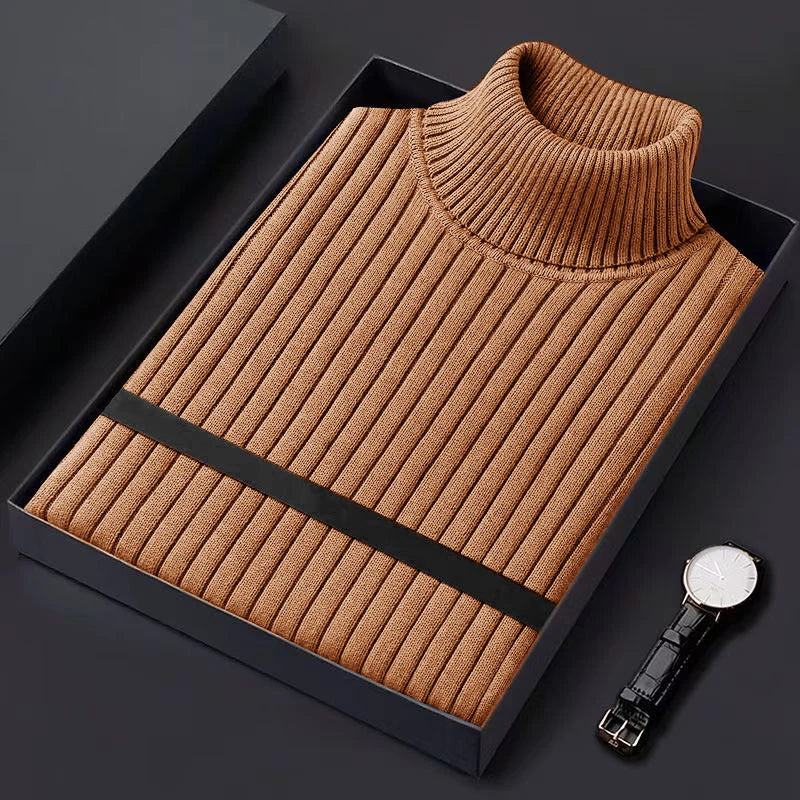 Men's Ribbed Turtleneck Sweater with Contrast Stripe