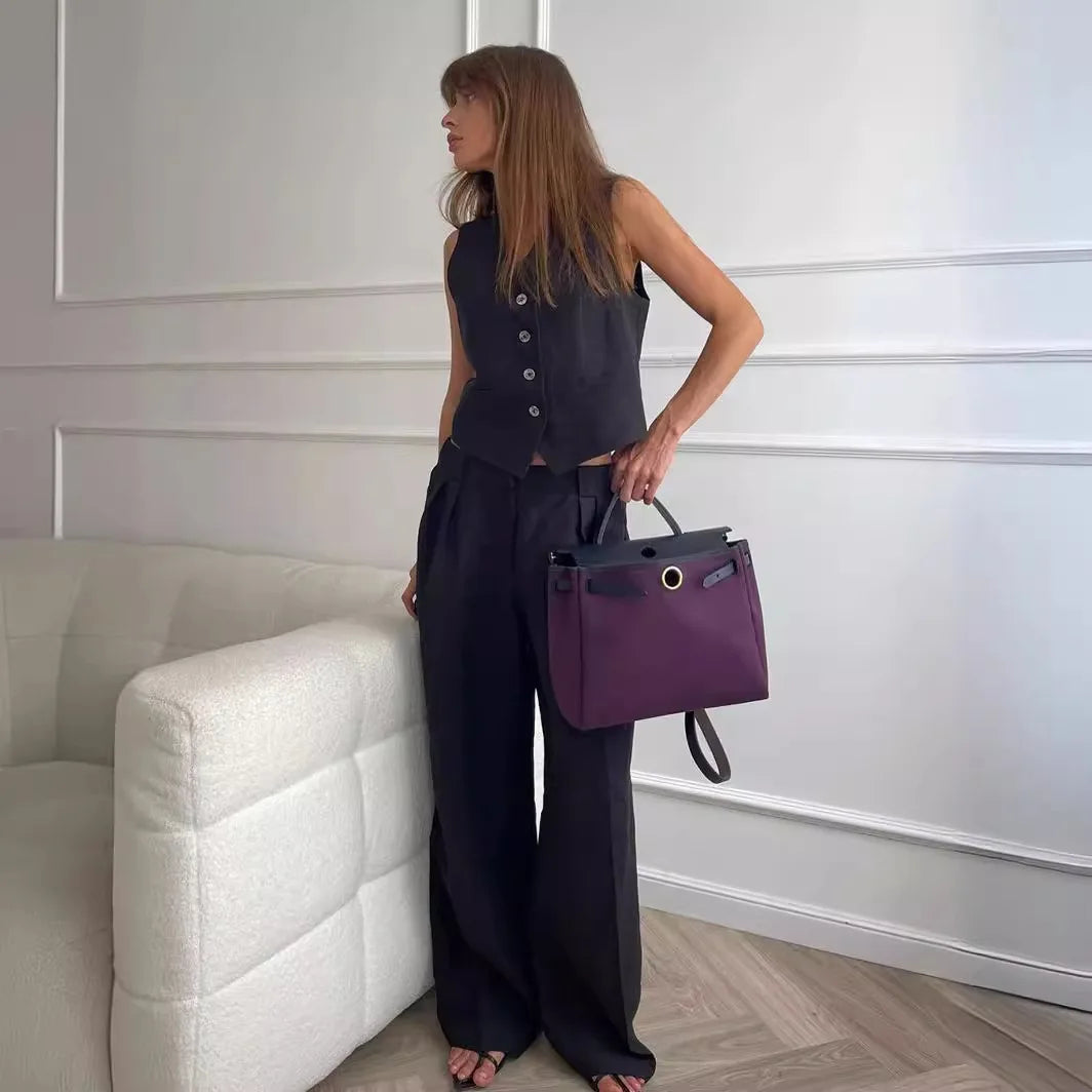 Women's Button Front Vest and Wide Leg Pants Set