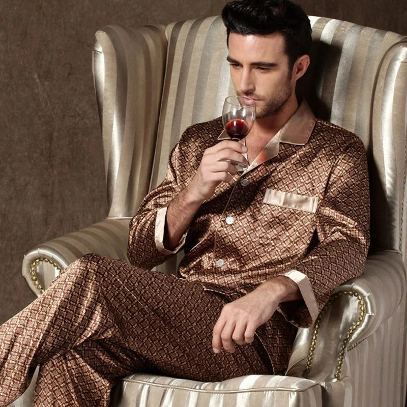 Men's Printed Lapel Button Front Shirt and Pants Pajama Set