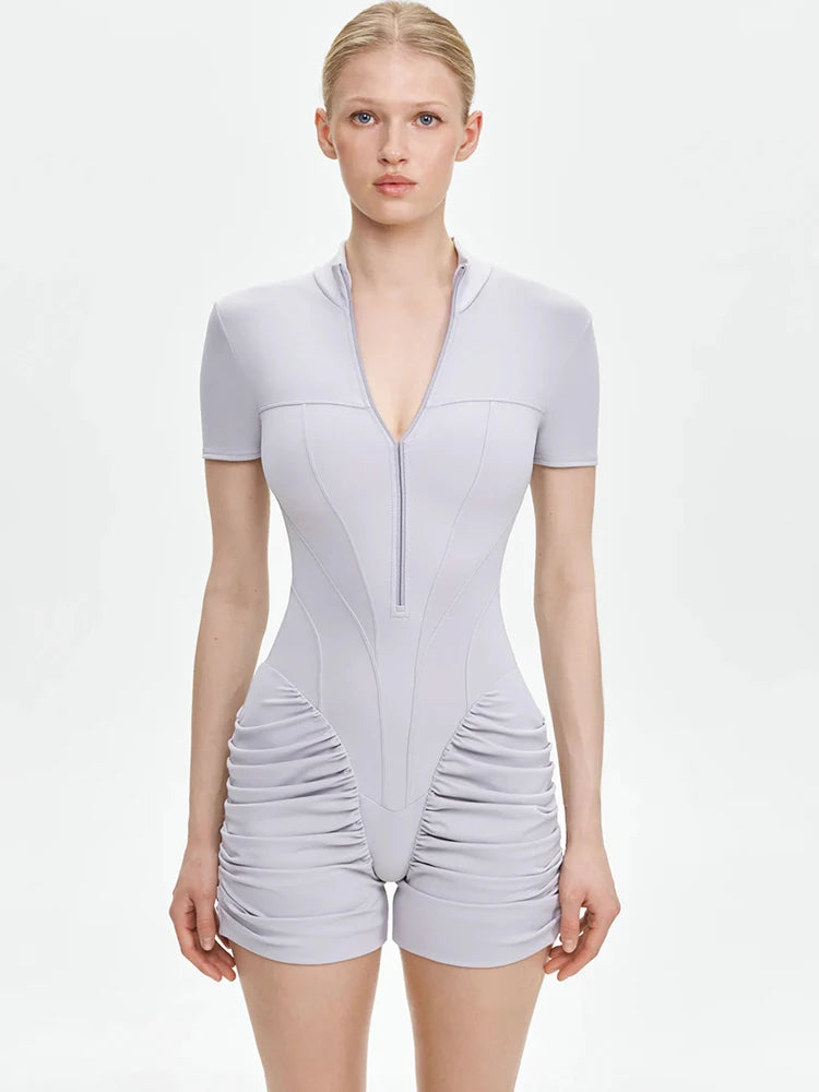 Women's Ruched Short Sleeve Polyester Blend Romper with a Front Zip