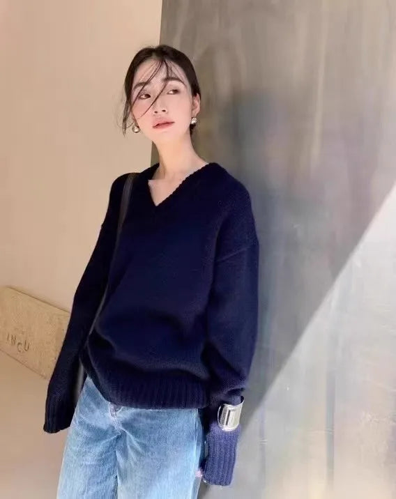 V-neck 100 pure wool sweater for women in autumn and winter, loose and thick sweater, long-sleeved knitted top