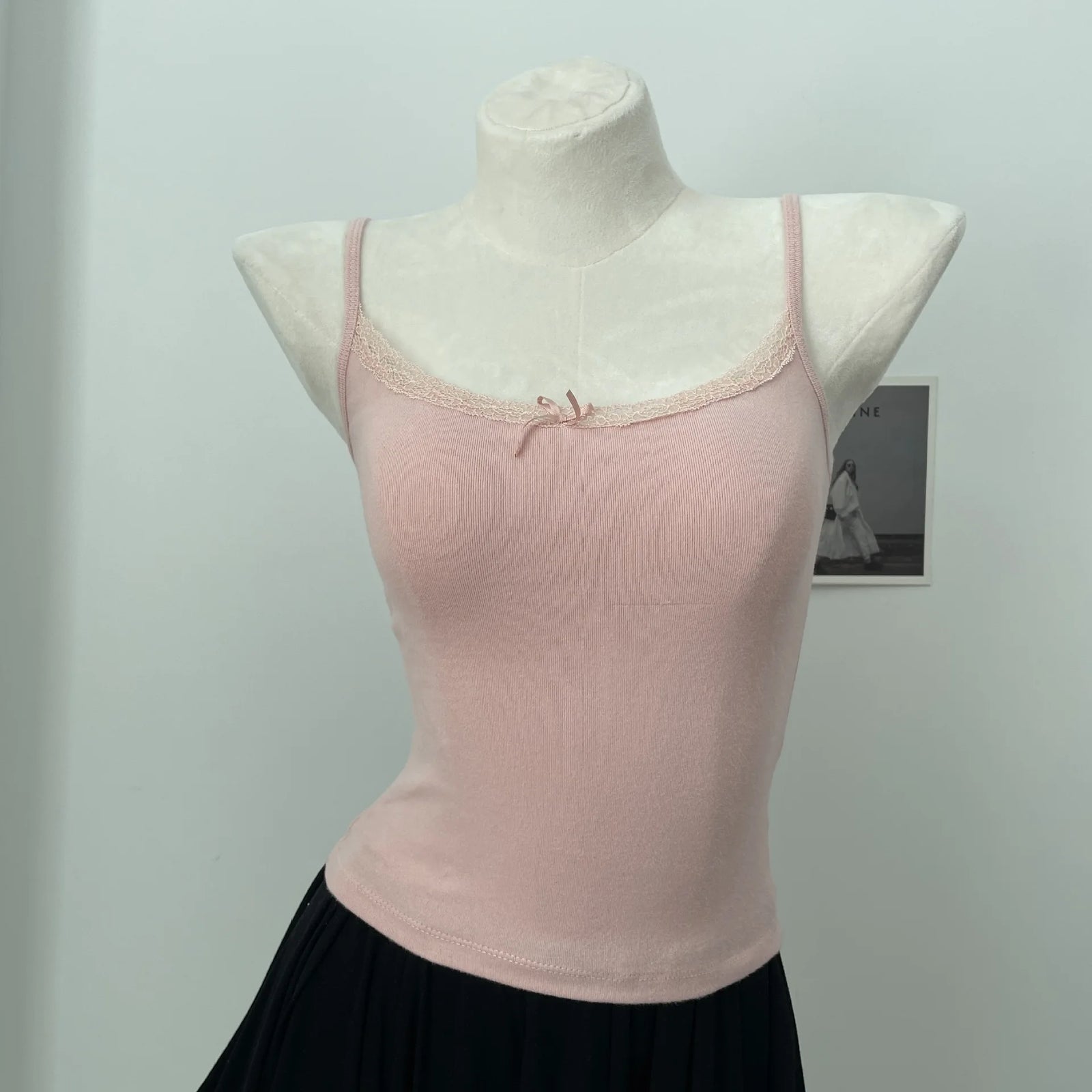 Women's Lace Trim Cotton Camisole with Bow Detail and Multiple Pattern Options