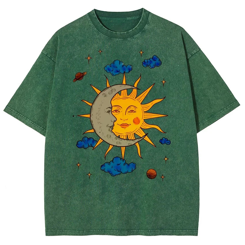 Men's Moon and Sun Printed T-shirt Oversized Short Sleeved Retro Washed Shirt Summer Top