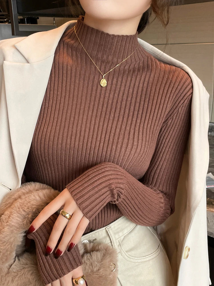 Women's Ribbed Mock Neck Long Sleeve Sweater Casual Knit Layer