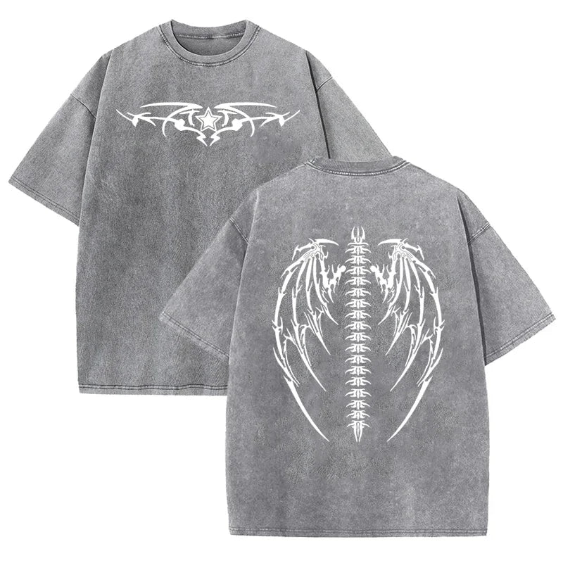 Gothic Tribal Wing Spine Print Vintage Washed Gray Y2K Casual Graphic T Shirt