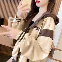 Fashion Hooded Sweatshirt for Women Thin Loose Stitching Single Breasted Hoodies with Pocket Female Baseball Cardigan Jacket