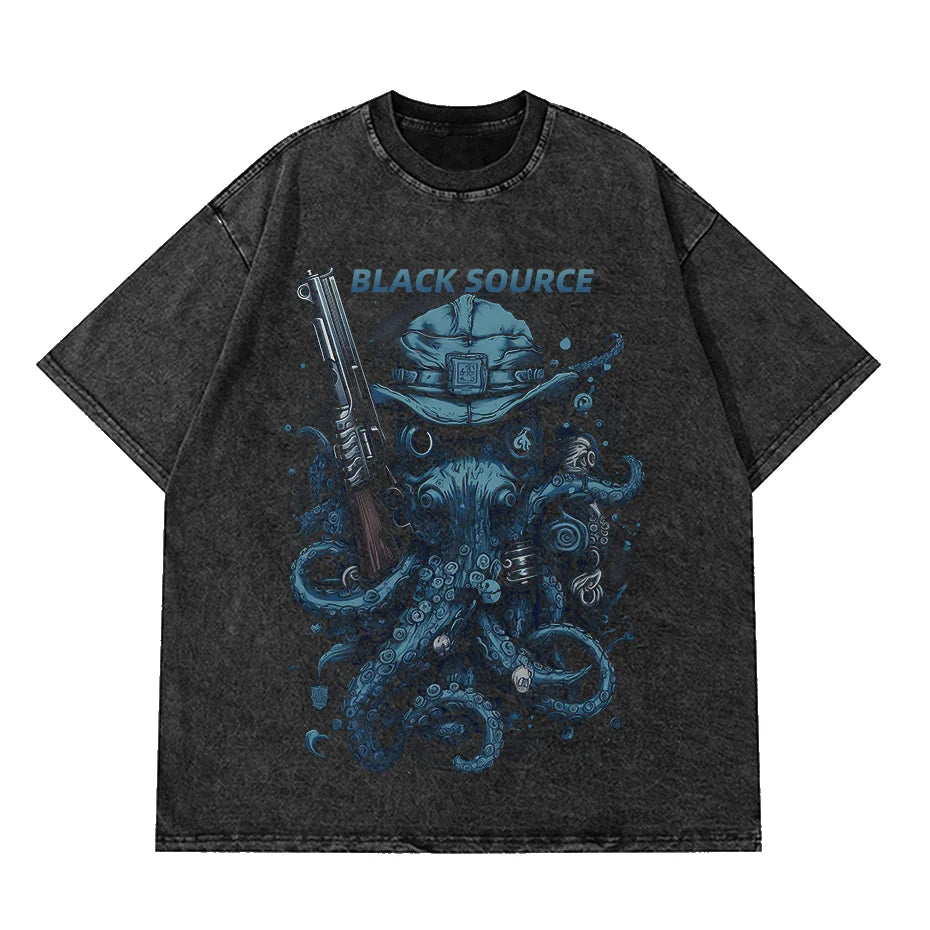 Anime Octopus Vintage Wash Harajuku T-Shirt Japanese Style Unisex