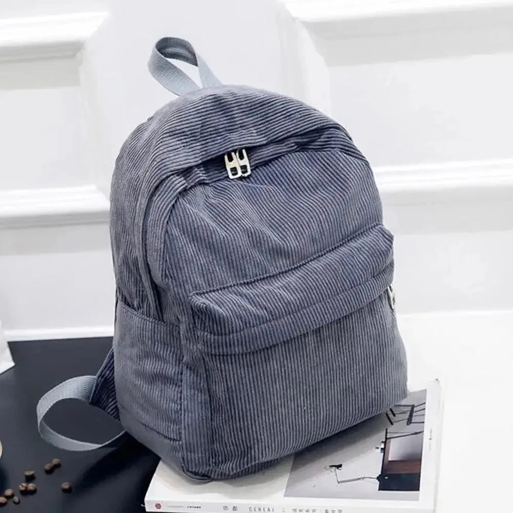 Corduroy Backpack with Front Zipper Pocket and Twin Shoulder Straps