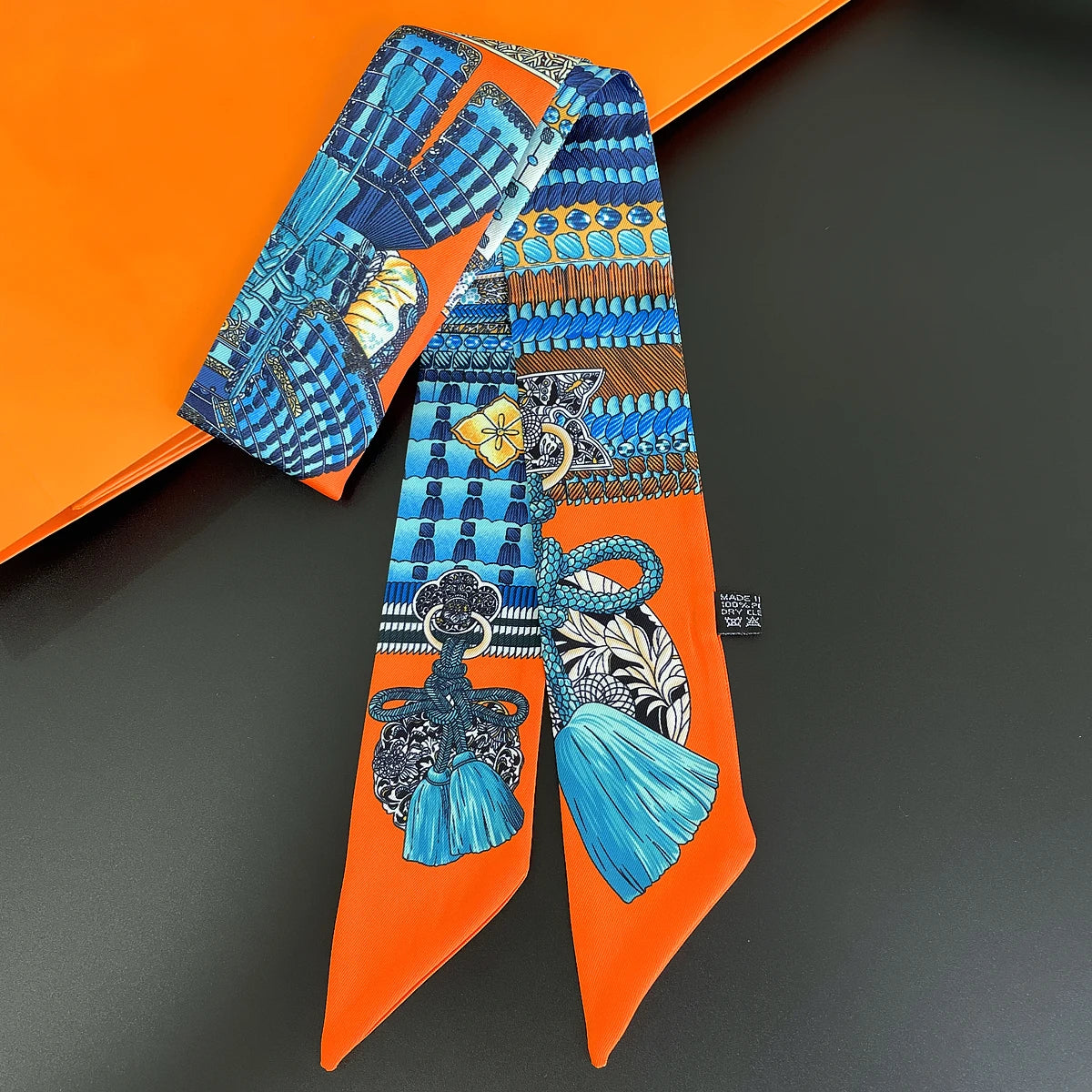 Colorful Printed Skinny Ribbon Scarf with Tie Ends