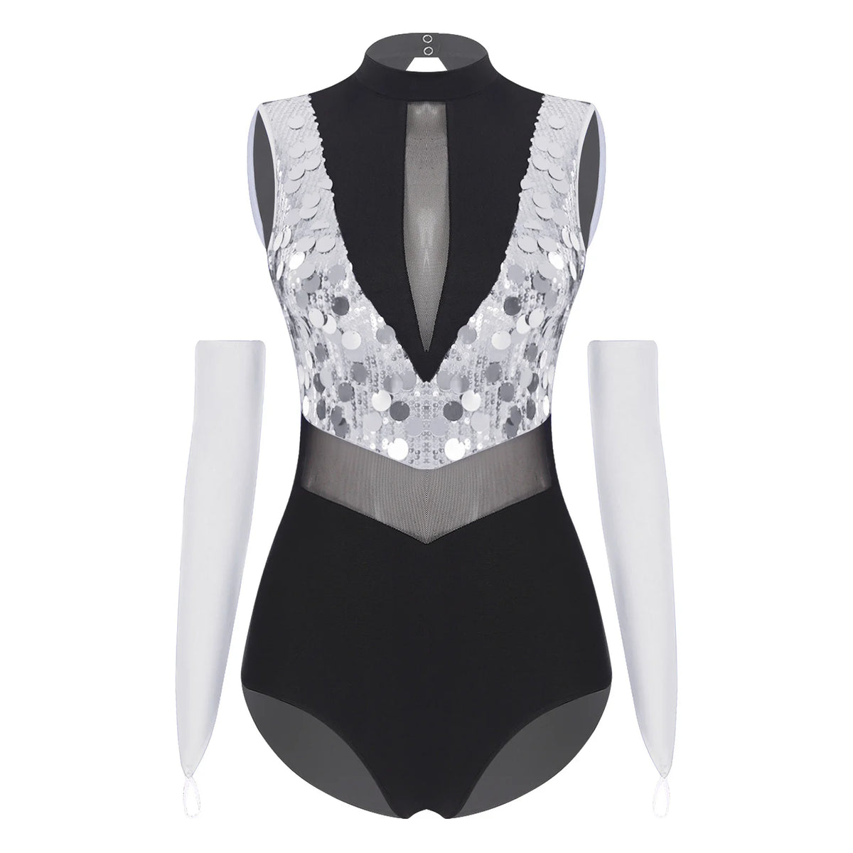 Women's Sequin Mesh Dance Leotard with Coordinating Long Glove Accessories