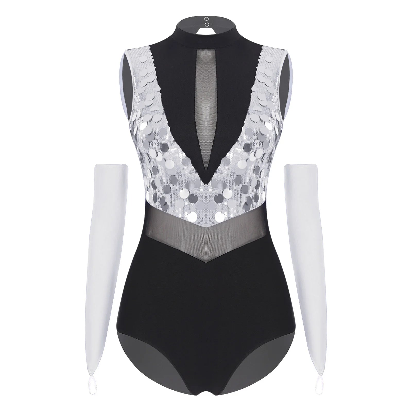 Women's Sequin Mesh Dance Leotard with Coordinating Long Glove Accessories