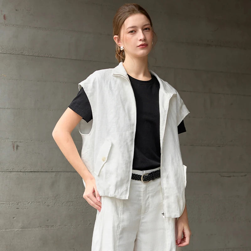 Women's Linen Sleeveless Collared Zip-Up Vest with Pockets for Casual Layered Outfits