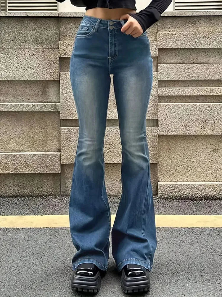 Women's Gray Blue Flared Leg Denim Jeans For Everyday Outfits