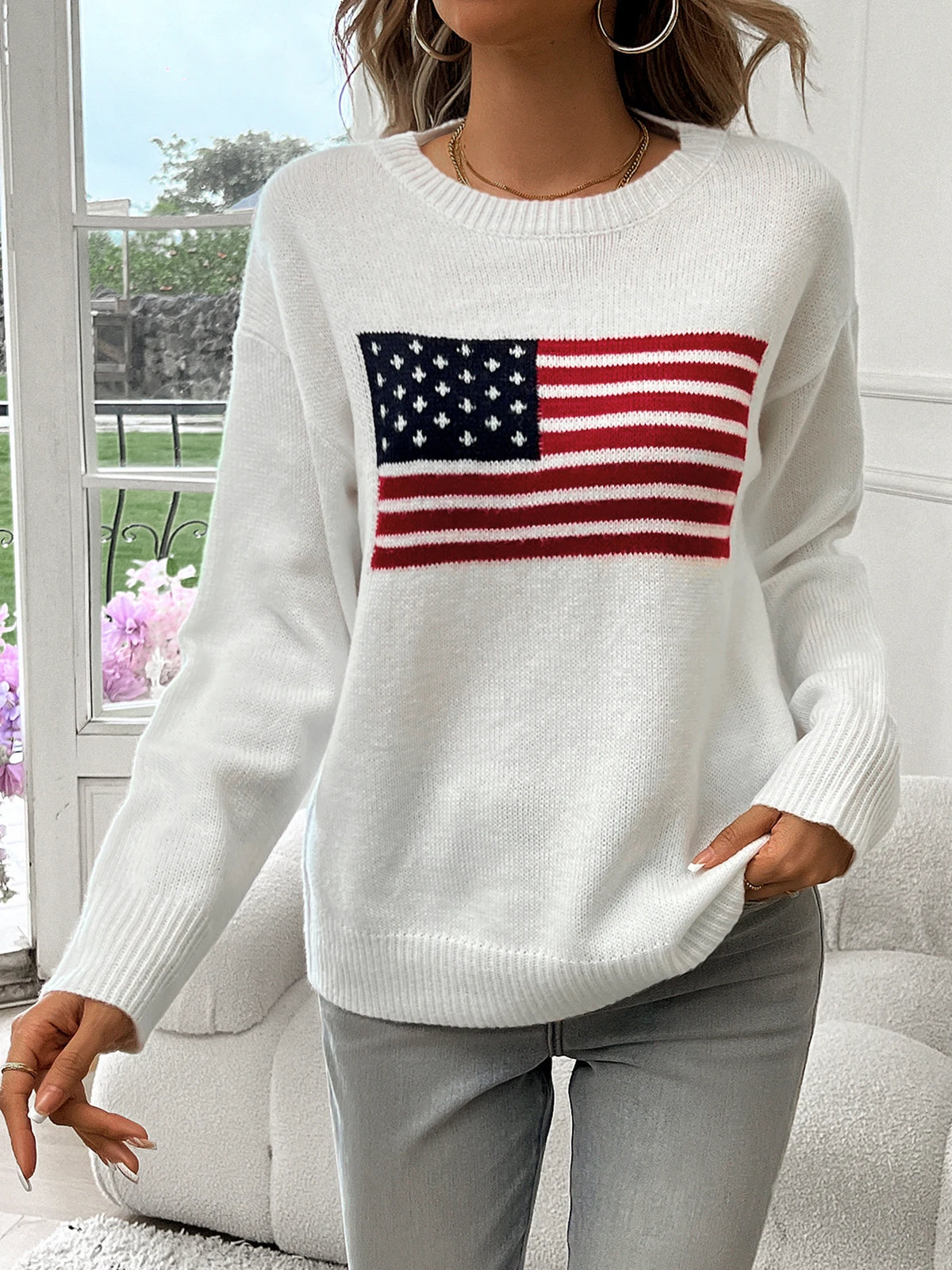 Women's Flag Graphic Crew Neck Sweater Casual Knit Layer