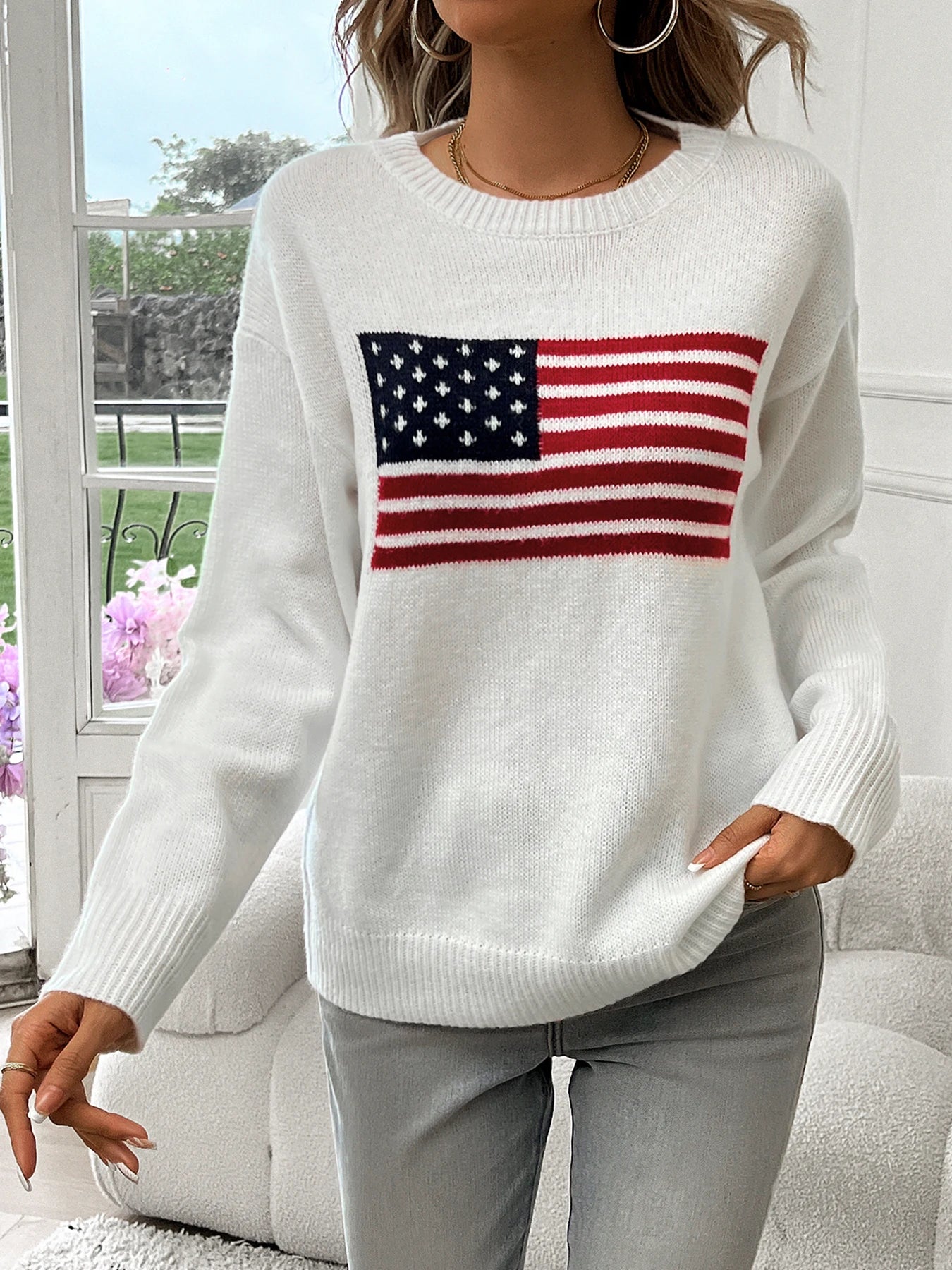 Women's Flag Graphic Crew Neck Sweater Casual Knit Layer