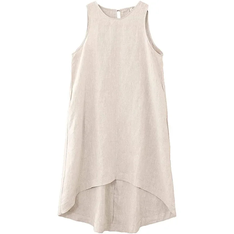 Women's Linen Sleeveless Loose A-Line Dress with Round Neck and Asymmetric Hem