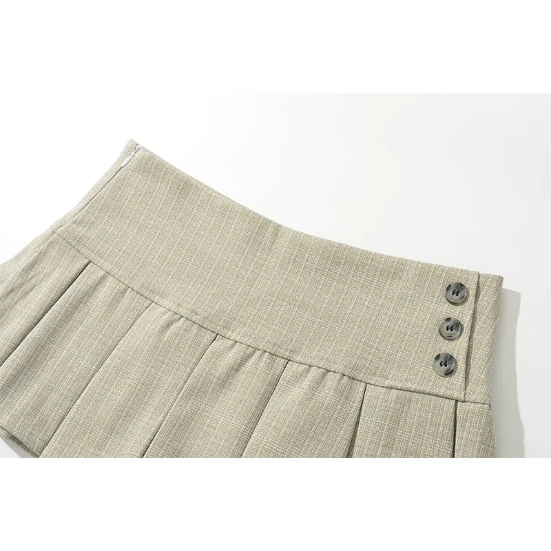 Women's Solid Pleated Mini Skirt with Button Detailing for Retro Summer Outfits