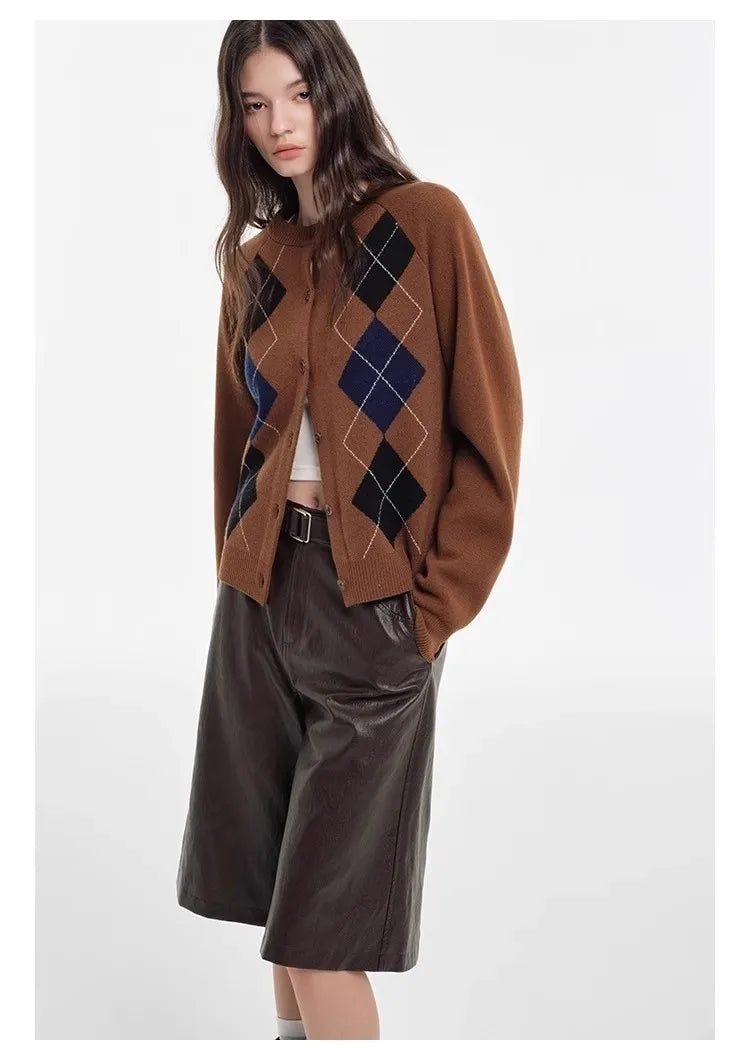 Autumn diamond-shaped cardigan women 100 pure cashmere sweater European high-end color-blocking knitted sweater coat