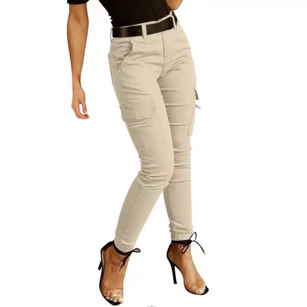 Women's Slim Cargo Pants with Button Fastening and Side Zip Pockets