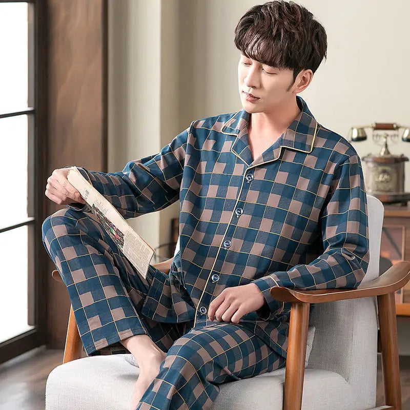 Men's Striped Button Front Long Sleeve Shirt and Pants Pajama Set