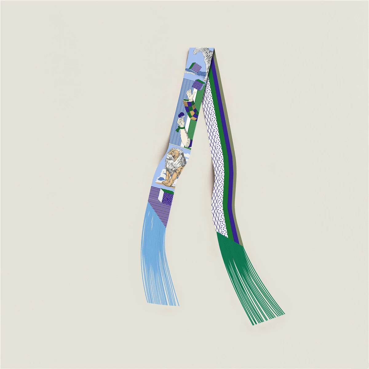 Printed Narrow Ribbon Scarf with Decorative Fringed Ends
