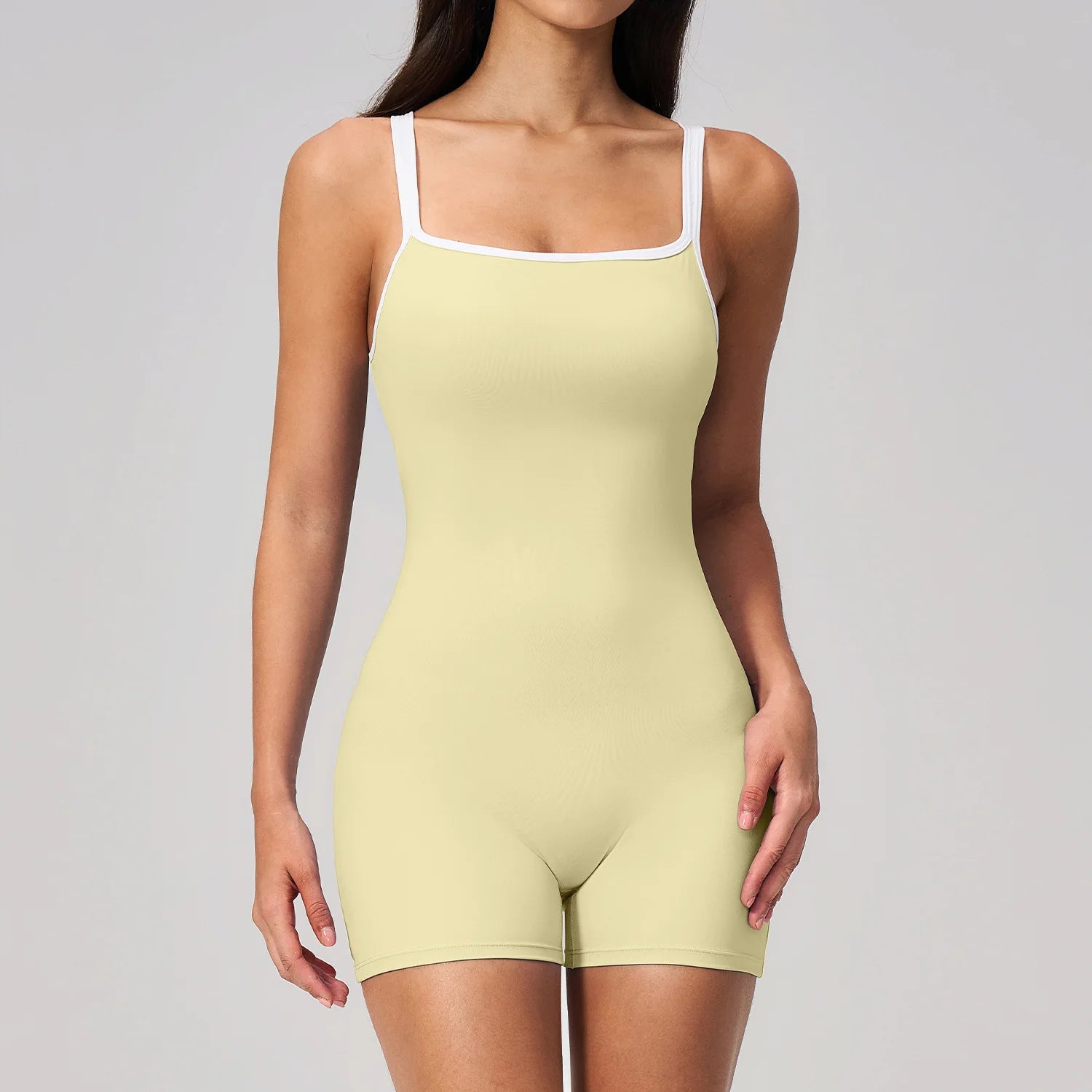 Women's Contrast Trim Square Neck Workout Romper with Low Open Back
